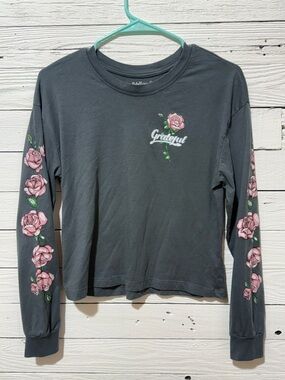 Rebellious One Charcoal Long-Sleeve Tee with Pink Rose Graphics